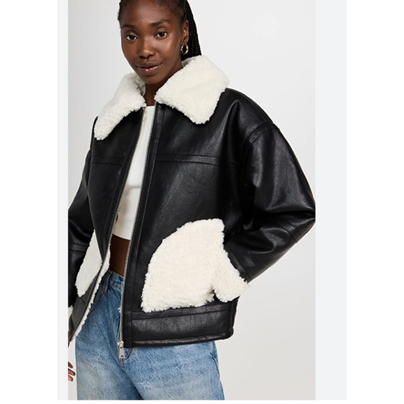 NWOT NEW APPARIS Catalina Vegan Leather Shearling Coat Jacket XS/ S Black Ivory‎ - Picture 2 of 8
